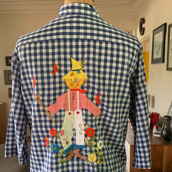 Vintage  Helen Cerda Hand Embroidered Women's Blue and White Gingham Shirt - Picture 7 of 13